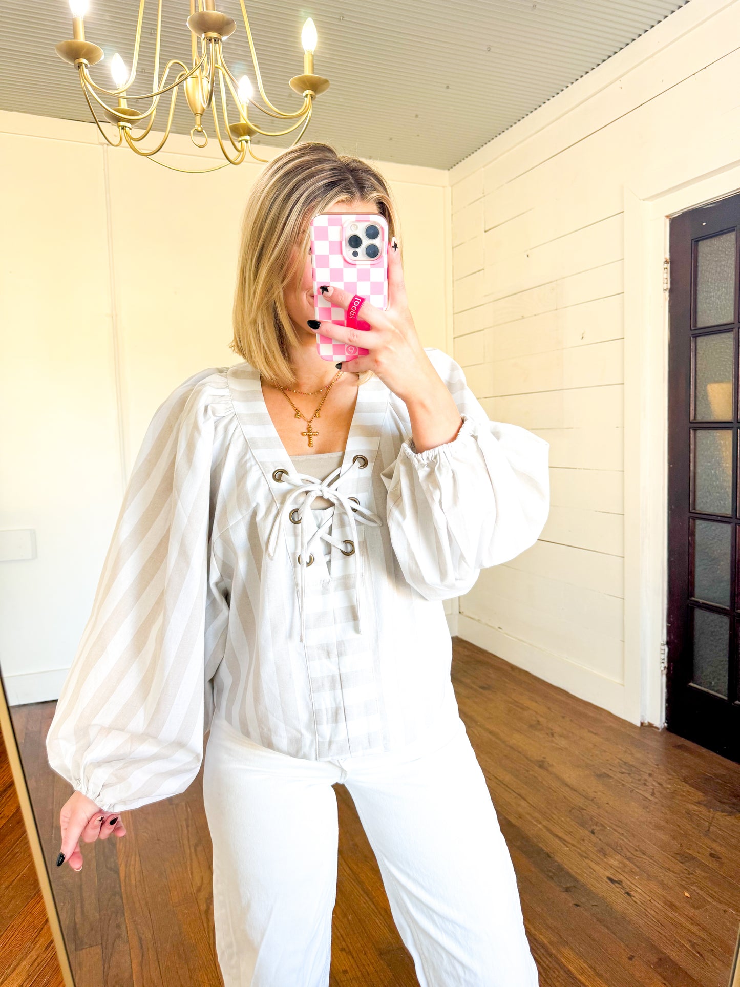 Striped Woven Lace Up Blouse w Bubble Sleeves