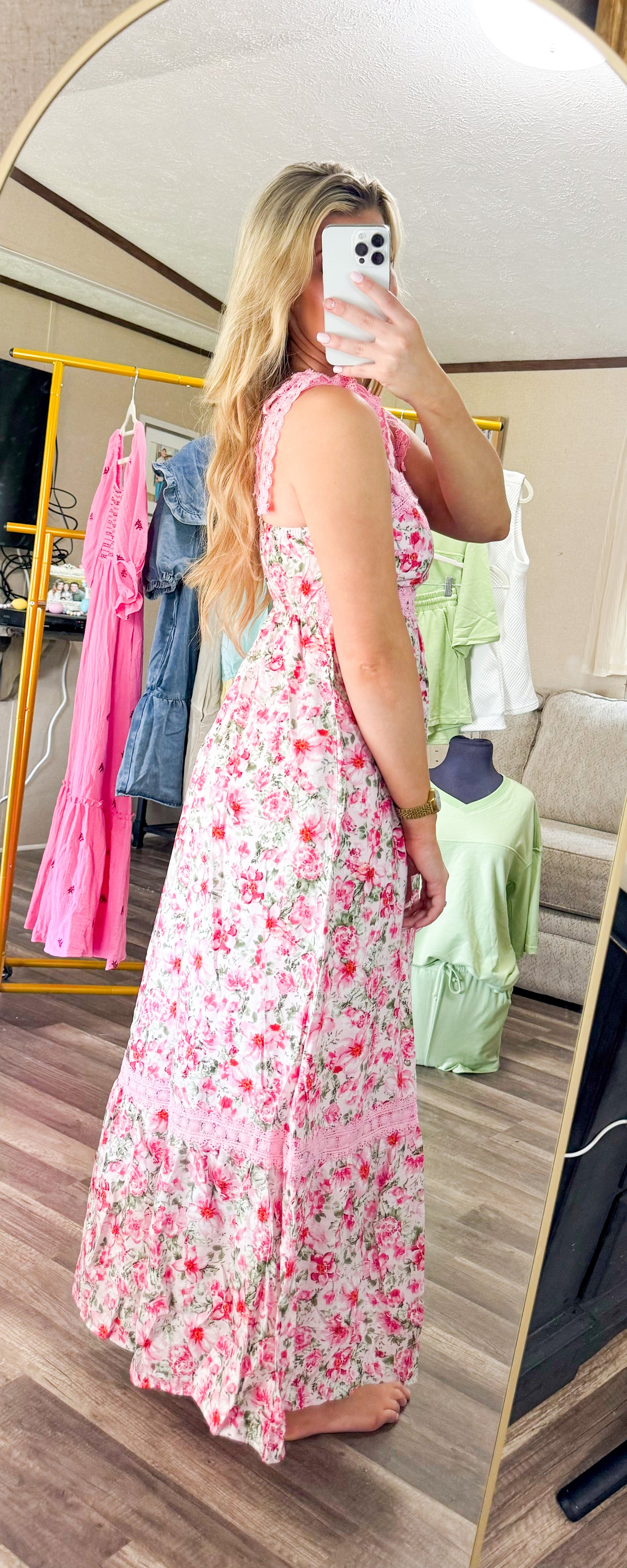 Pink Floral Lace Strap Dress