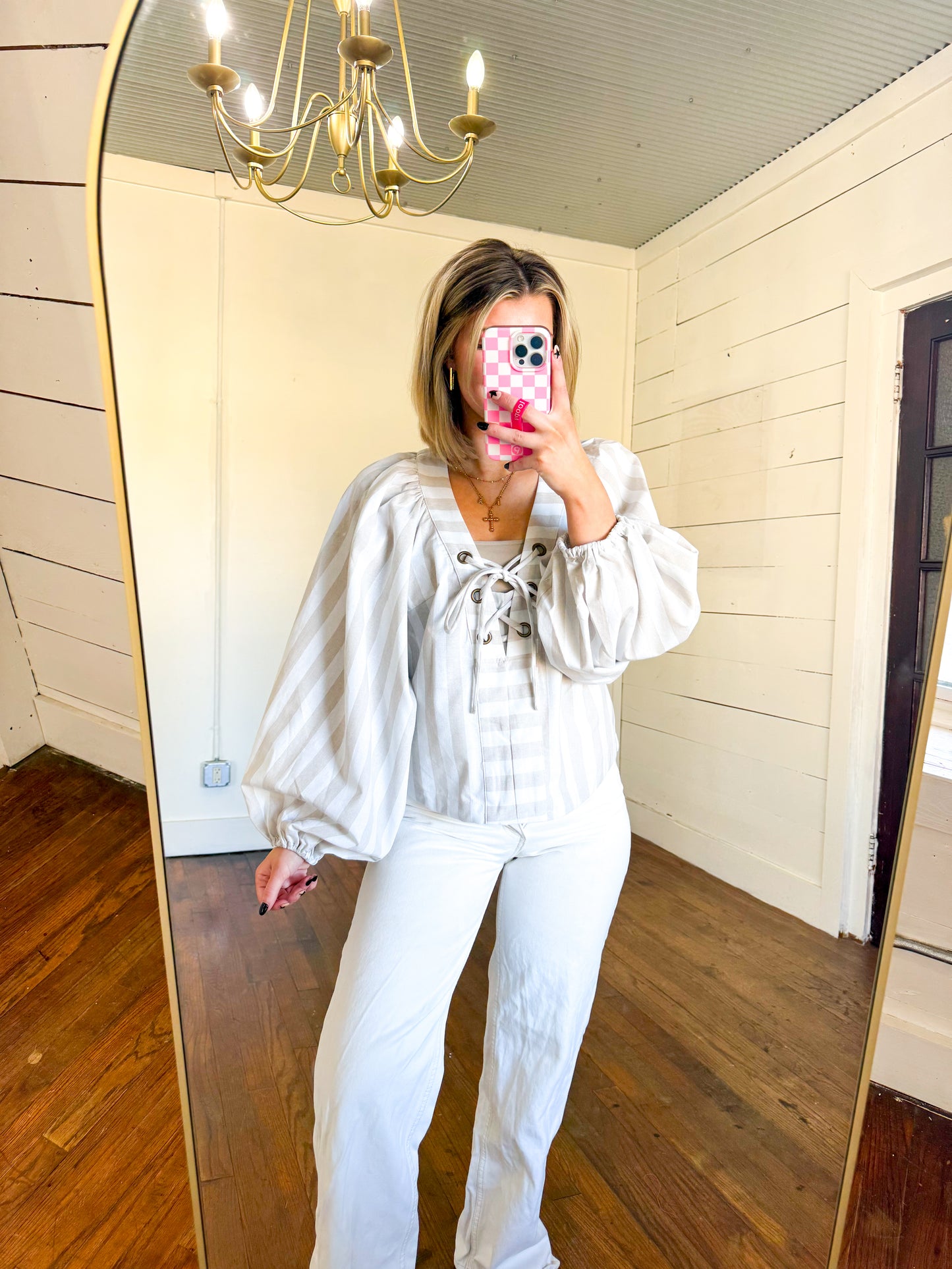 Striped Woven Lace Up Blouse w Bubble Sleeves