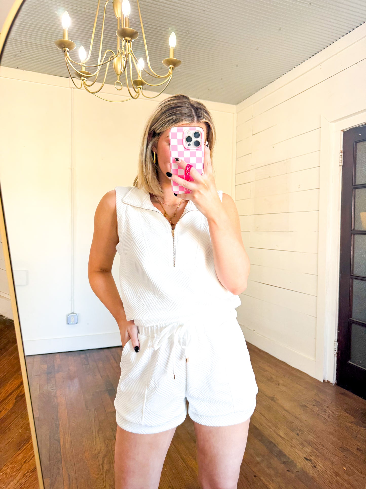 White Textured Half Zip Tank+Shorts Set