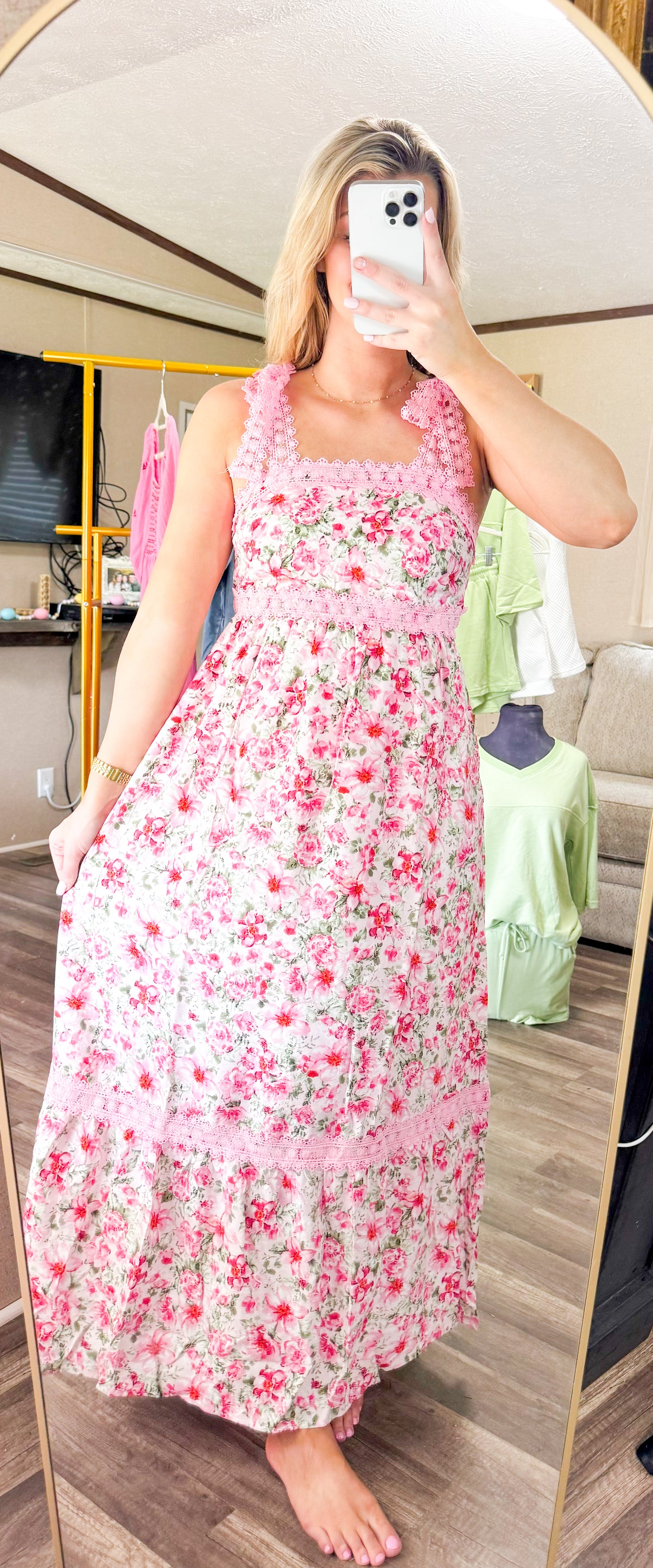 Pink Floral Lace Strap Dress