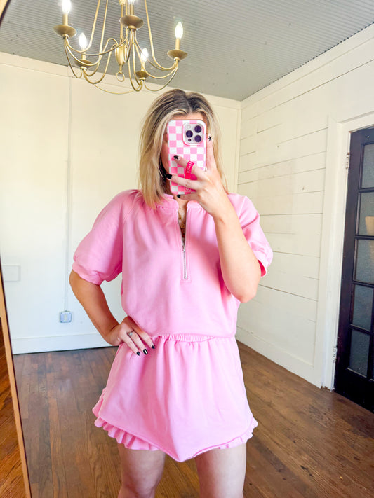 Pink Half Zip Puff Sleeve Top & Ruffle Skort