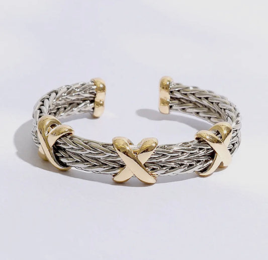 Braided Two Row Two Toned Bangle Bracelet