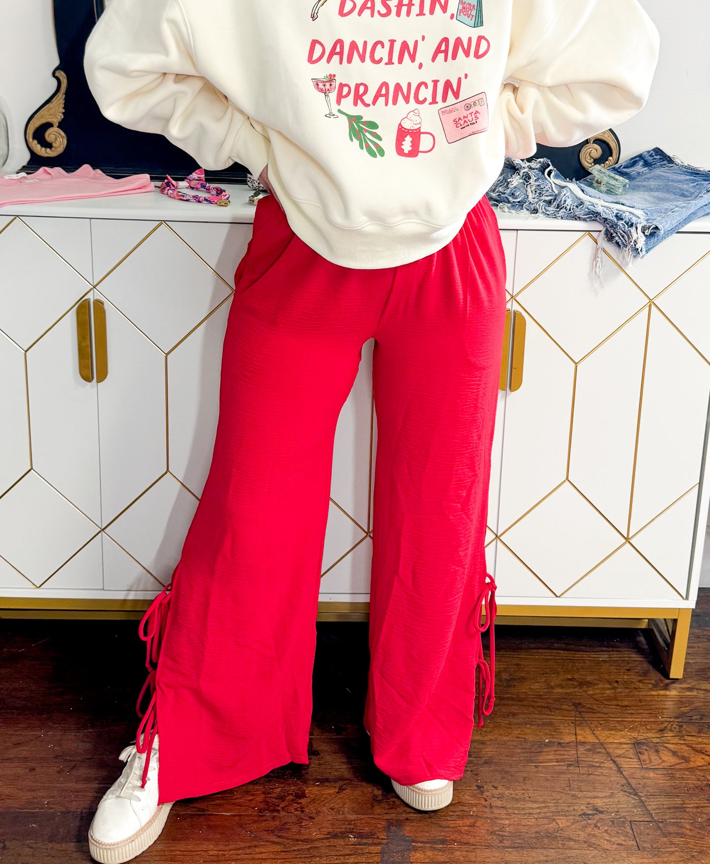 Red wide leg w side tie pants