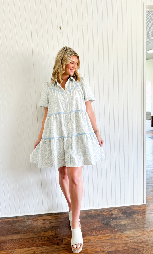 Blue Floral Button Down Dress w Pockets