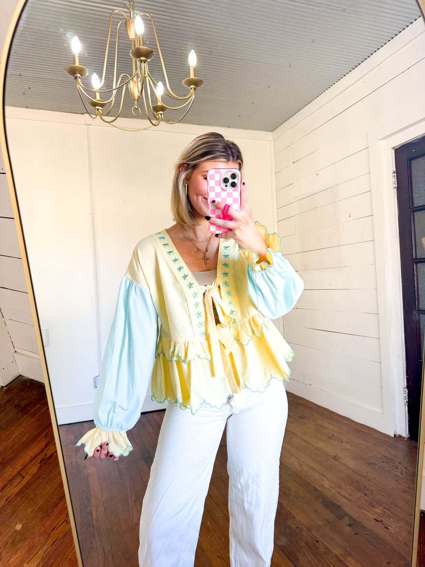 Color Block Bow Tied Scallop Edge Blouse