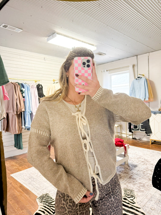 Khaki Tied Front Cardigan Sweater