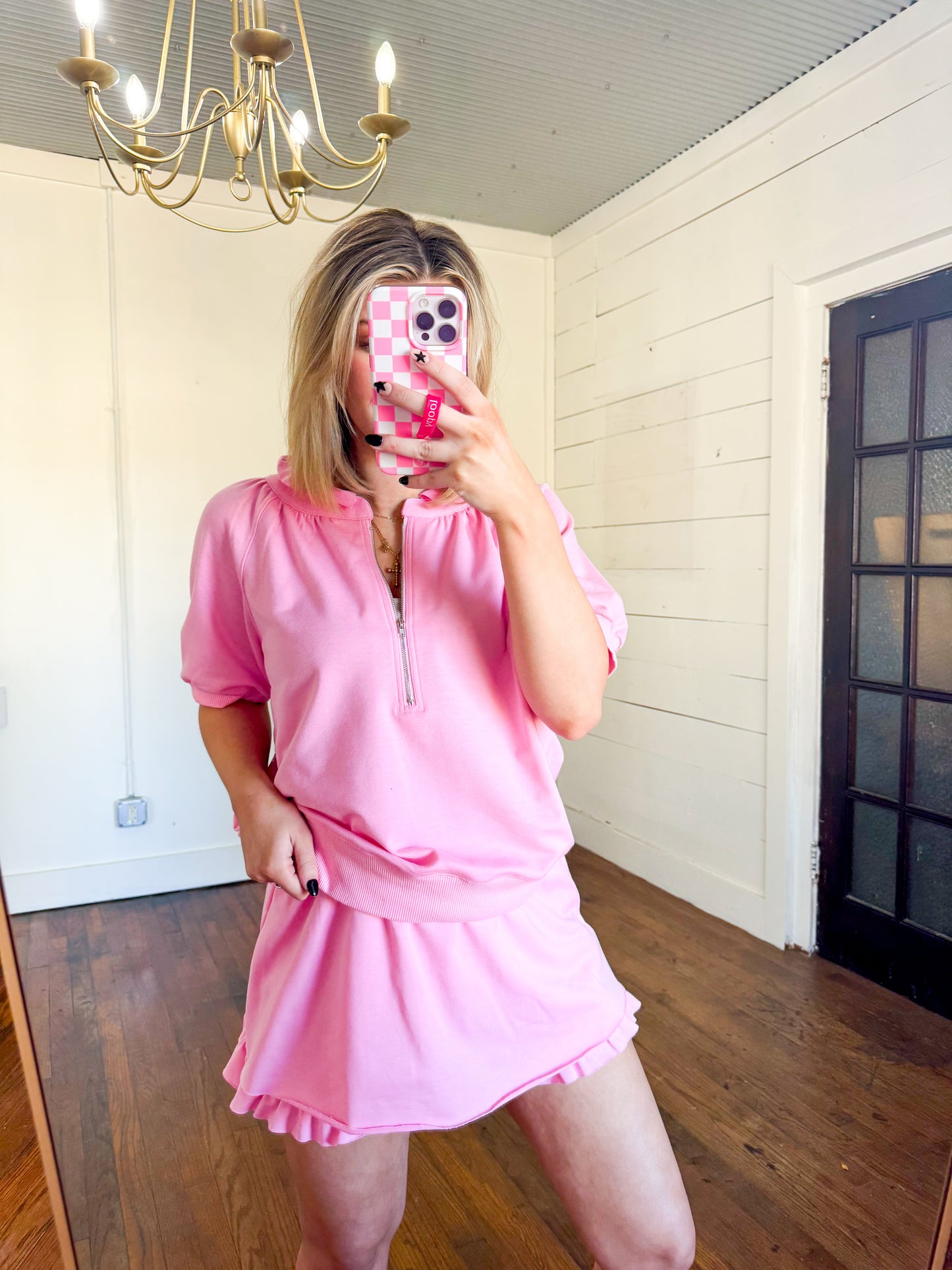 Pink Half Zip Puff Sleeve Top & Ruffle Skort