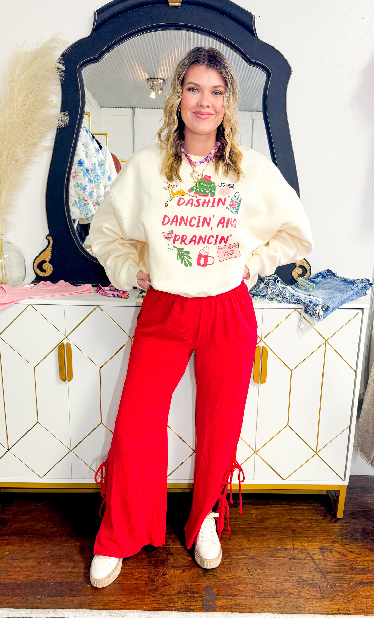 Red wide leg w side tie pants