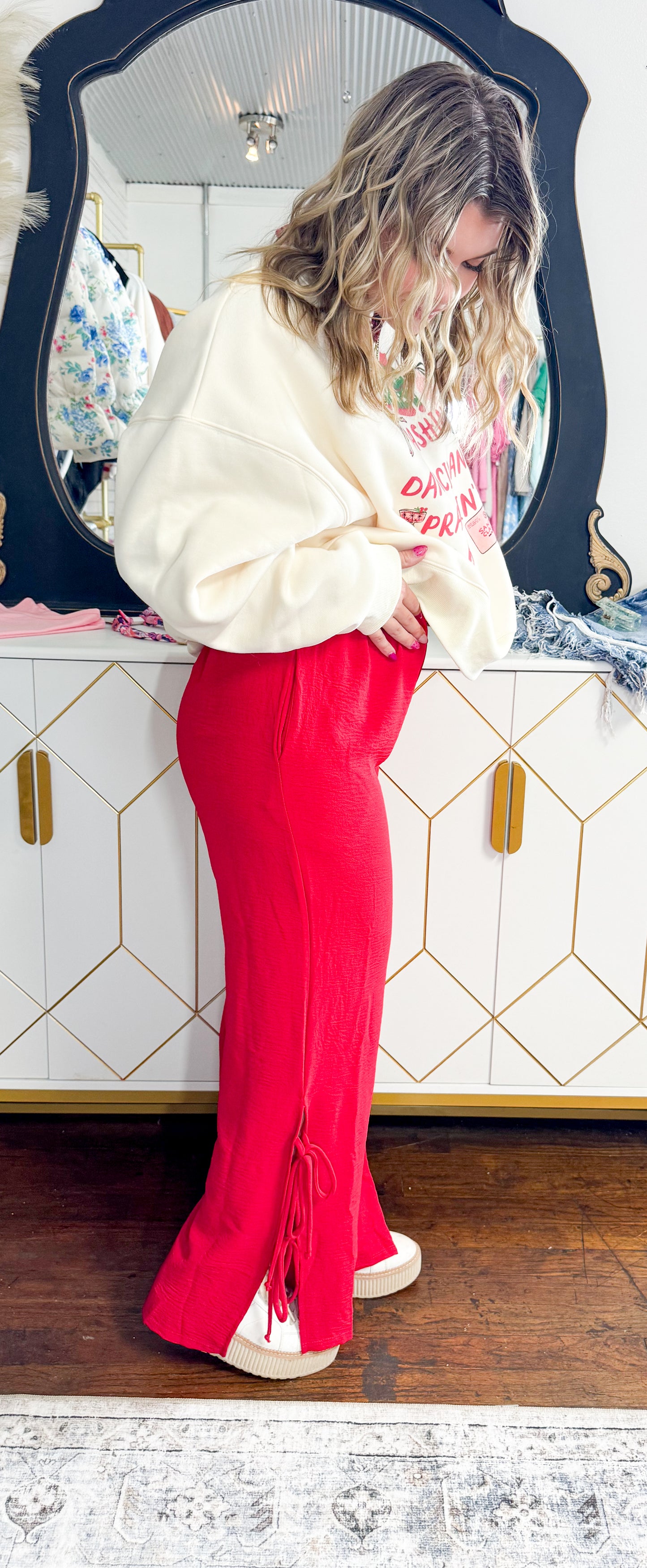 Red wide leg w side tie pants